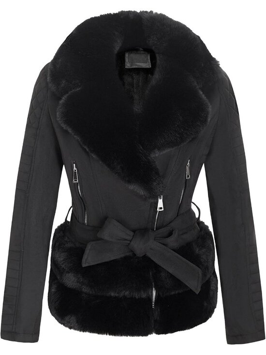 Jackets & Blazers - Womens Black Polyester Faux Motorcycle Stylish Removable Fur Collar Jacket